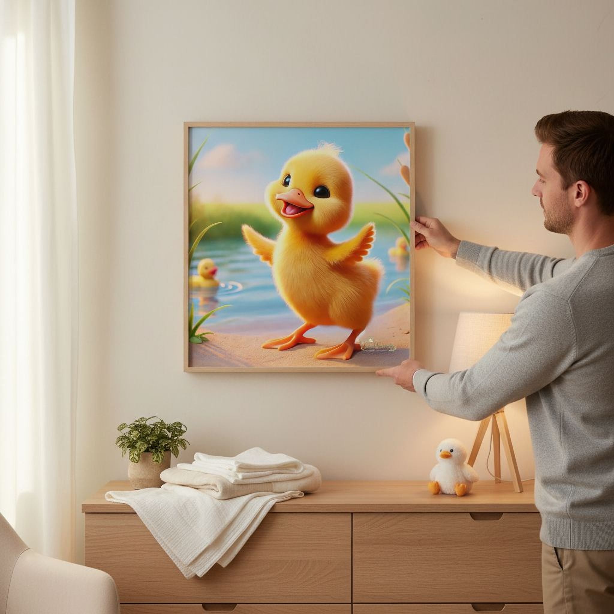 A man is hanging a framed picture of a cartoon duck on a wall in a room.