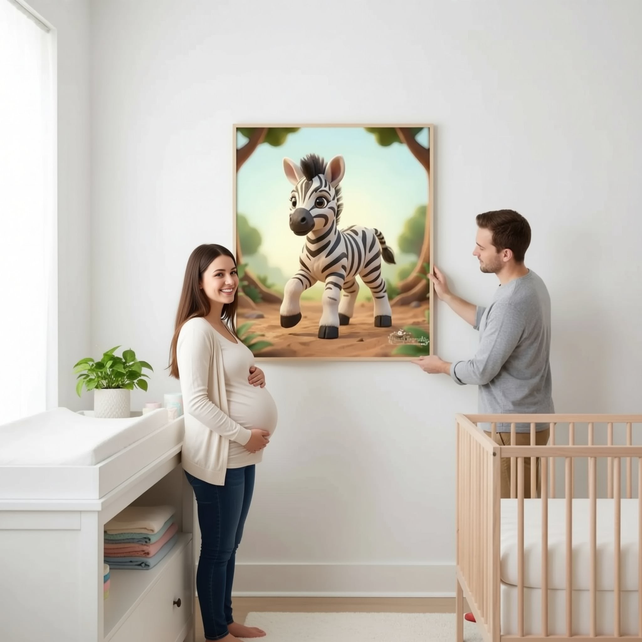 A pregnant woman and a man are standing in a nursery, looking at a framed image of a cartoon zebra on the wall.