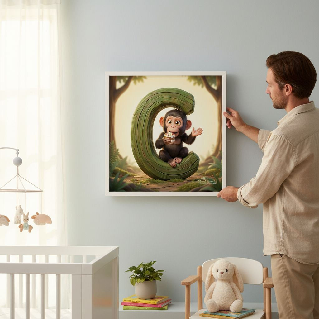 A man hangs a framed artwork of a monkey on a wall in a nursery.