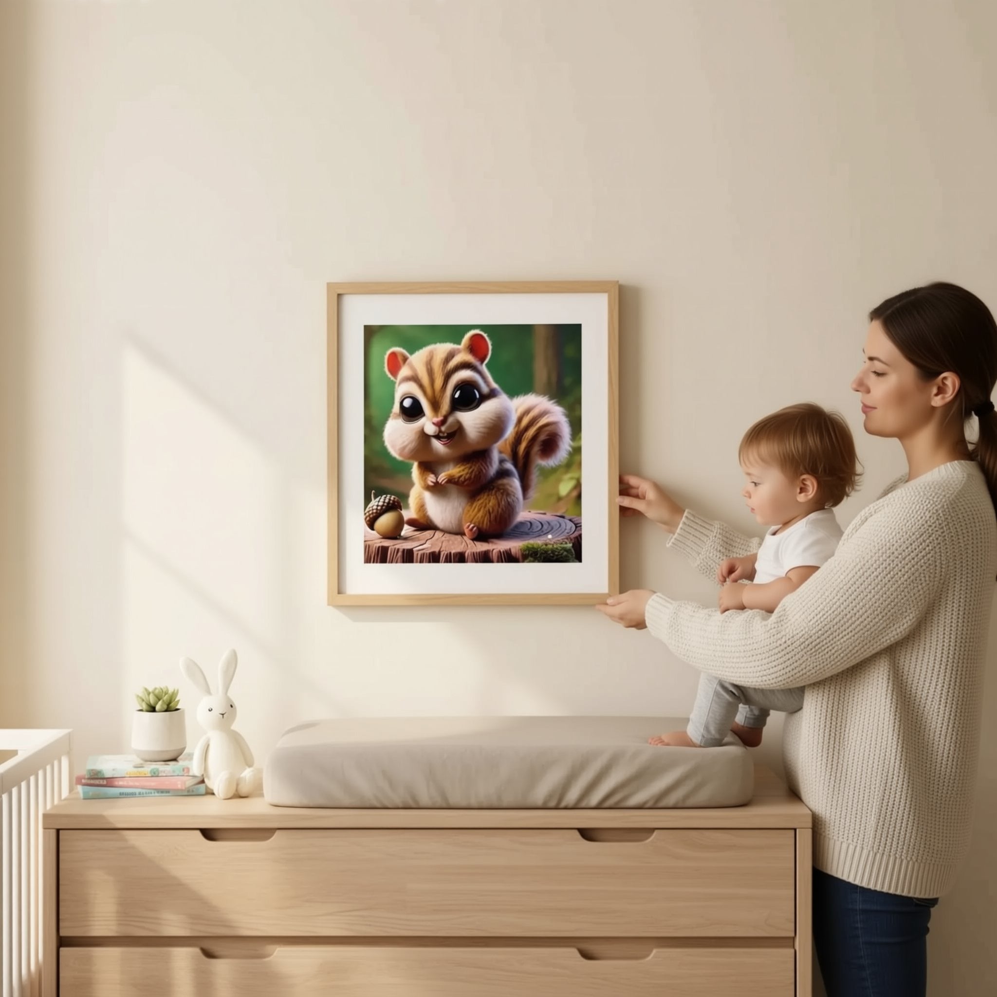 A framed illustration of a cartoon chipmunk is hanging on a wall in a room with a wooden dresser below it.