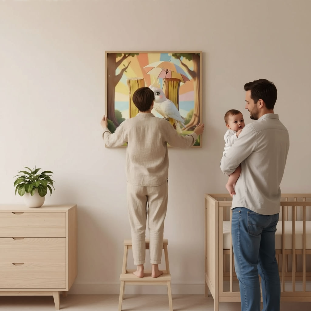 A person is standing on a stool and hanging a framed picture on a wall in a room with a crib and a plant.