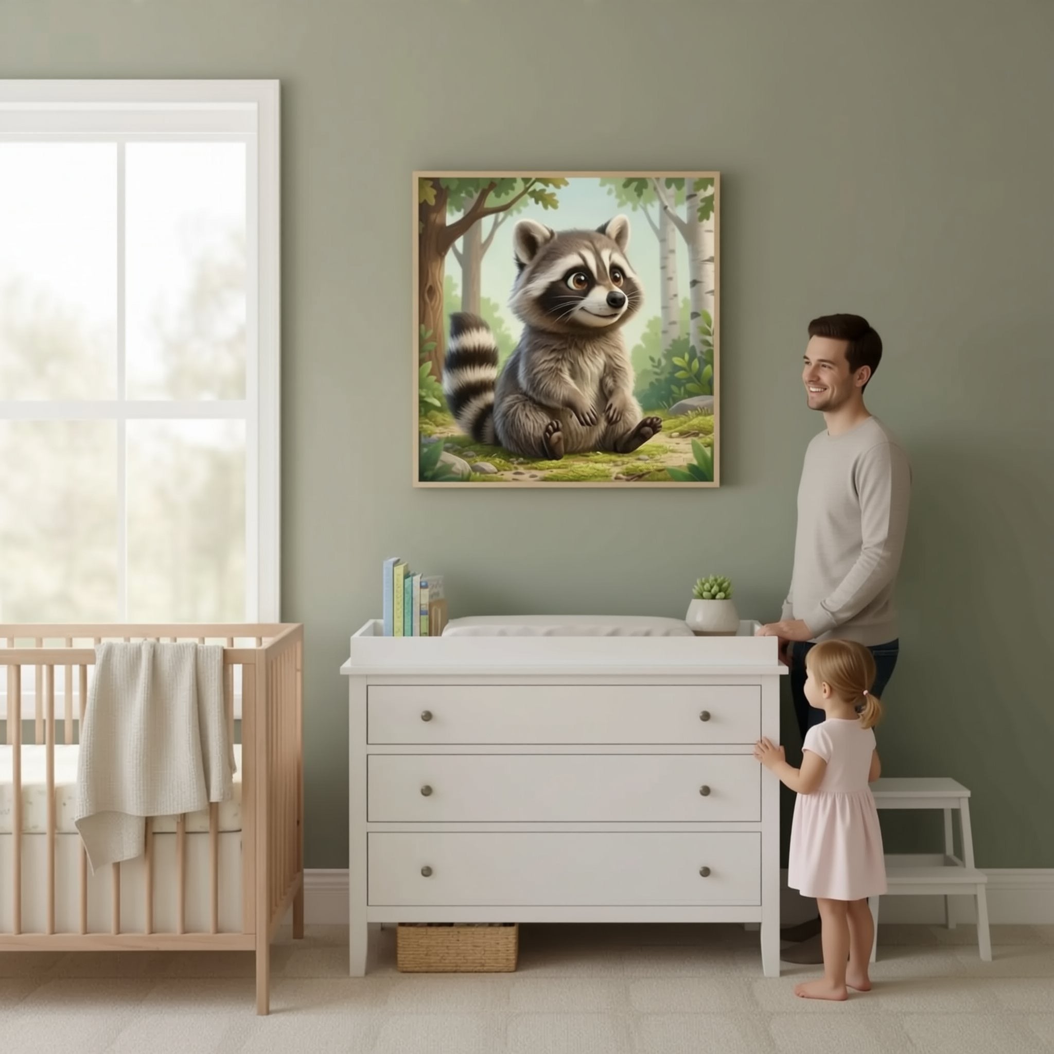 A man is hanging a framed painting of a raccoon on a wall in a nursery room.