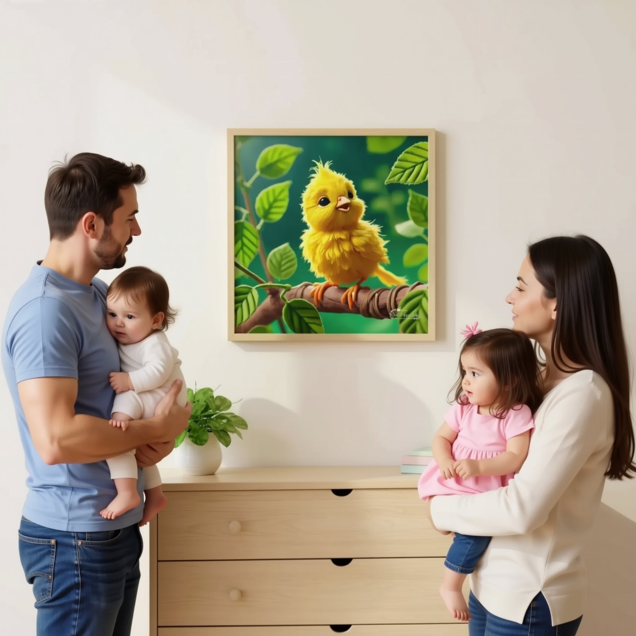 A person is holding up a framed painting of a yellow bird perched on a branch with green leaves, which is hanging on a wall above a wooden dresser.