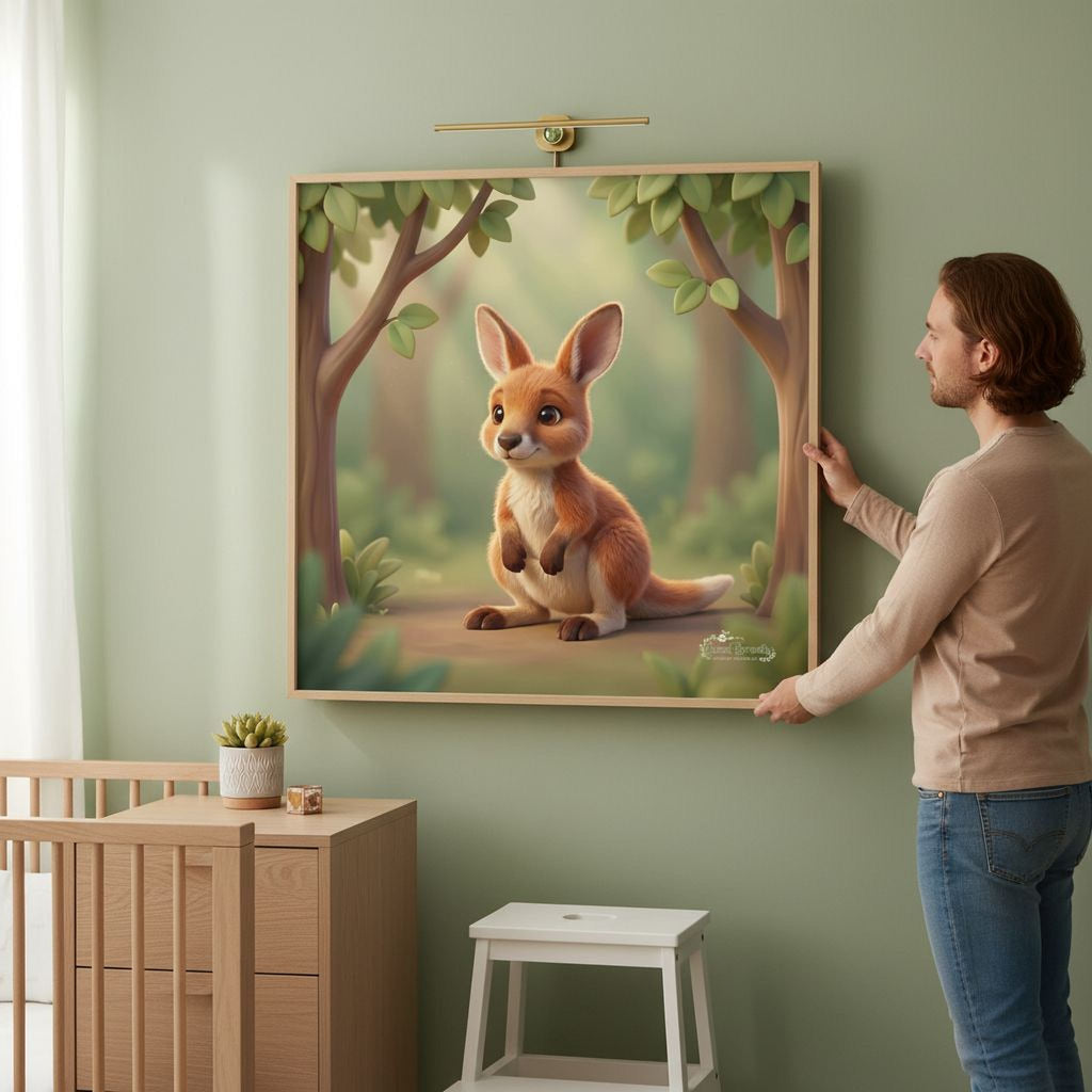 A man is standing in a nursery, looking at a large painting of a kangaroo on the wall.