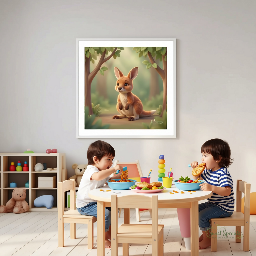 a child's playroom with a framed illustration of a kangaroo on the wall, a colorful toy shelf, a children's table with toys, and a teddy bear.