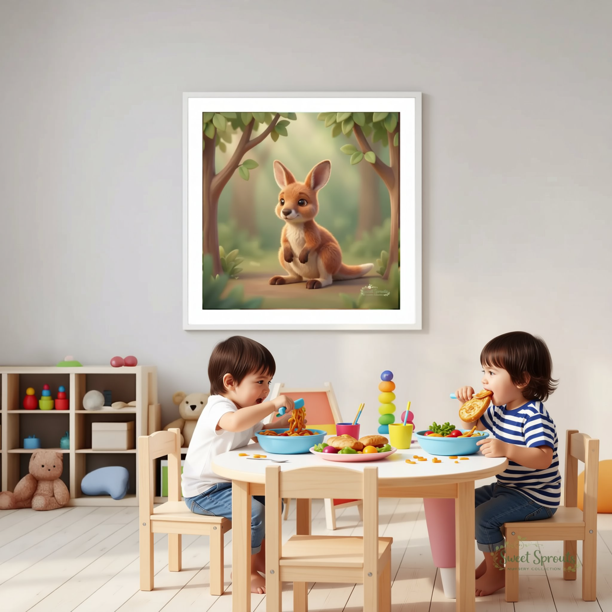 a child's playroom with a framed illustration of a kangaroo on the wall, a colorful toy shelf, a children's table with toys, and a teddy bear.