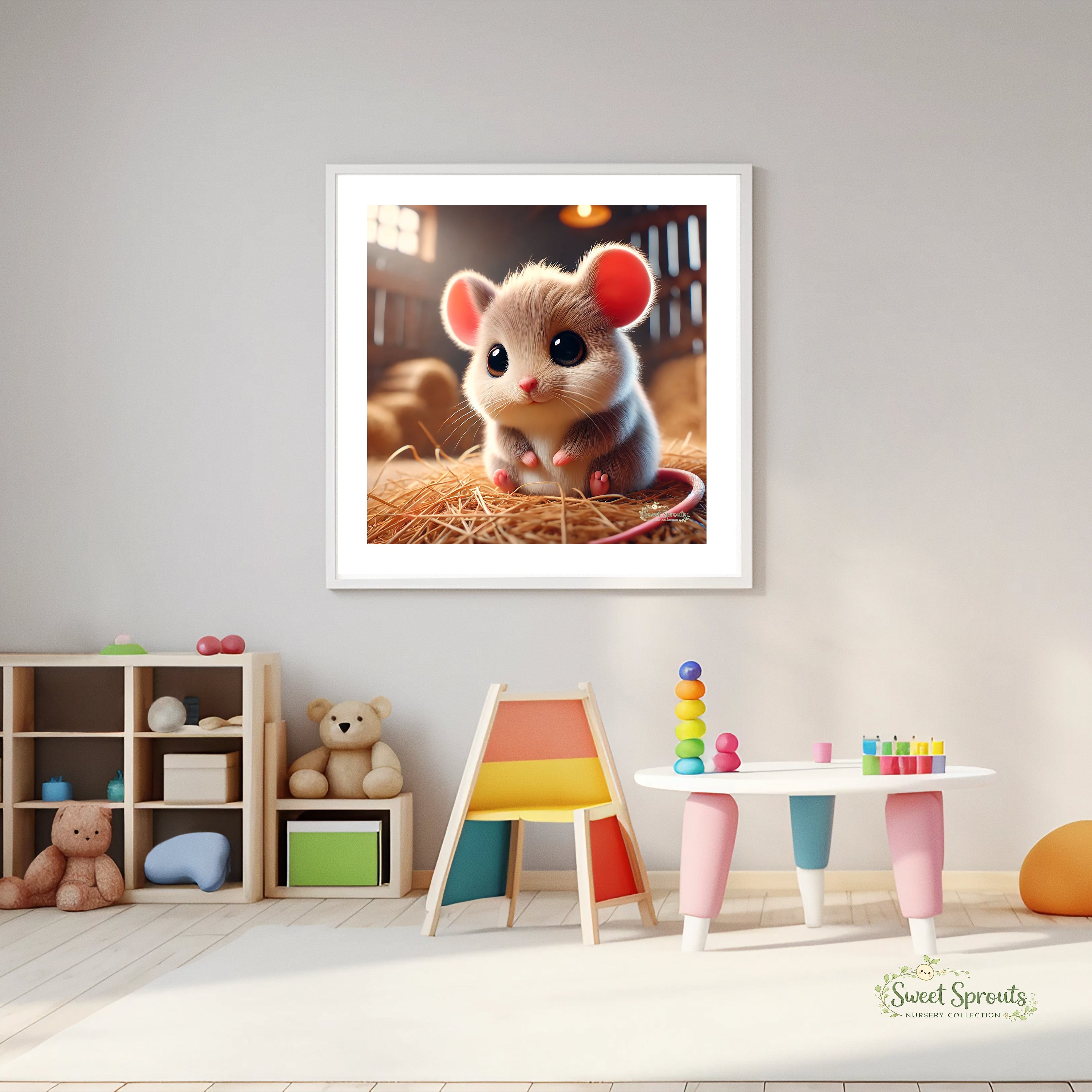 A framed image of a cute mouse sitting on a bed of straw is displayed on the wall in a child's bedroom.