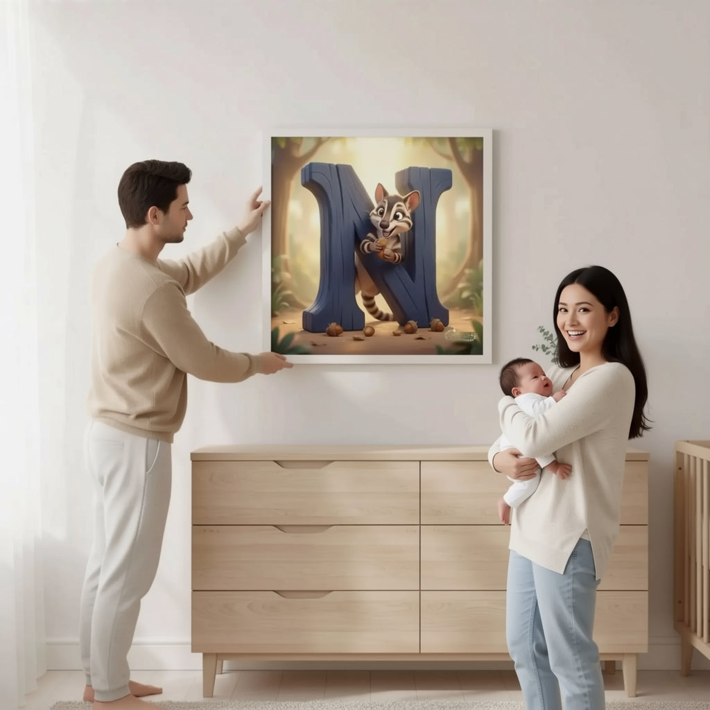 A man is hanging a framed artwork featuring a cartoon character on a wall in a room with a wooden dresser and a potted plant.