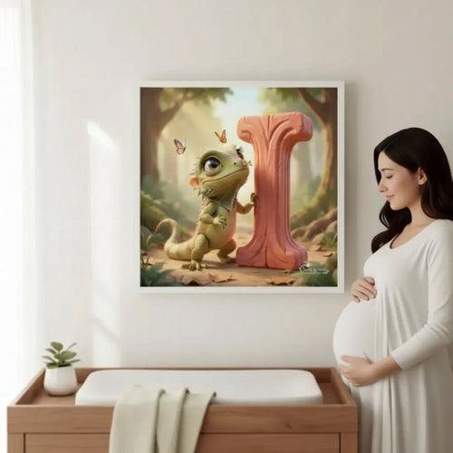 A pregnant woman stands in a room, looking at a framed illustration of a green lizard with a pink letter "I" on its back, surrounded by a forest scene.