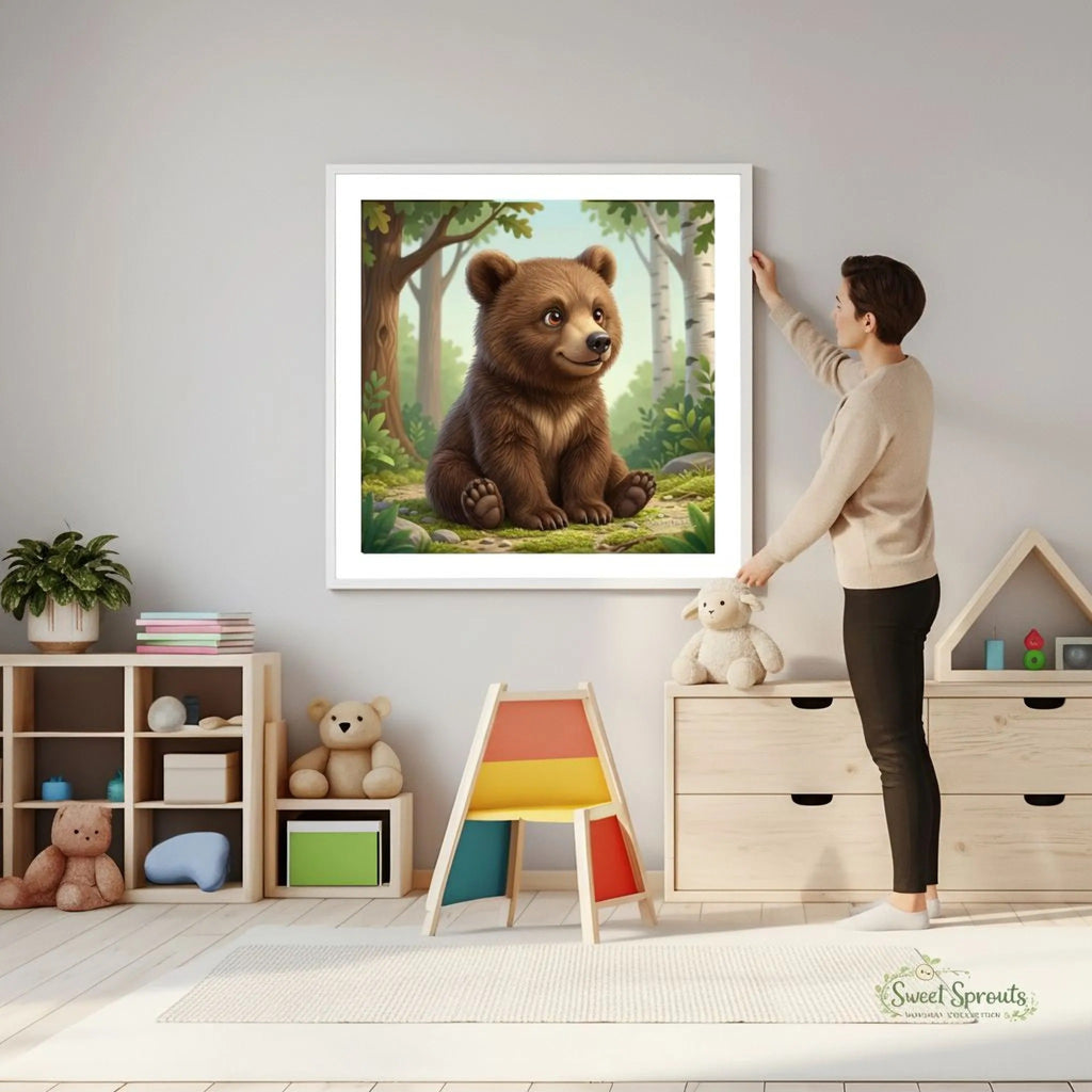 A woman is standing in a room, reaching up to hang a framed painting of a brown bear on the wall. The room has a child's play area with a colorful chair and shelves filled with various toys and decorations.