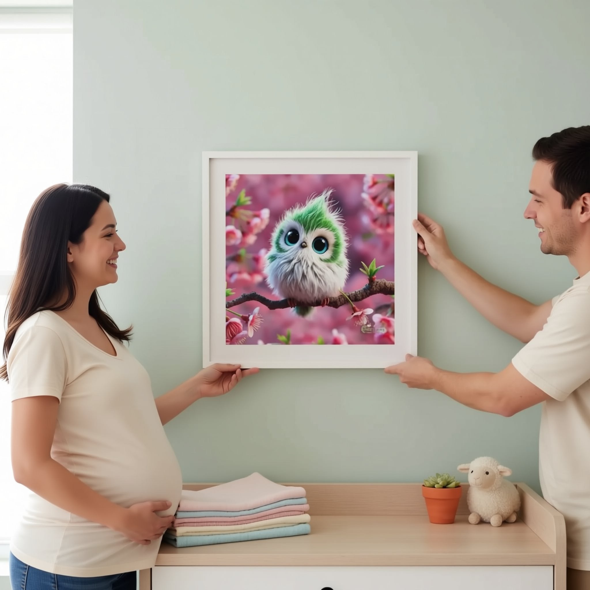 A pregnant woman and a man are holding a framed picture of a colorful bird, which appears to be a painting or illustration of a bird perched on a branch with pink flowers.