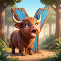 A cartoon image of a brown, furry animal with large horns standing in front of a large wooden sign with a blue background.