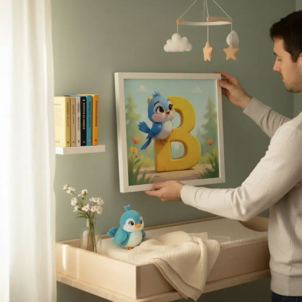 A man is hanging a framed picture of a cartoon bird on a wall in a nursery.