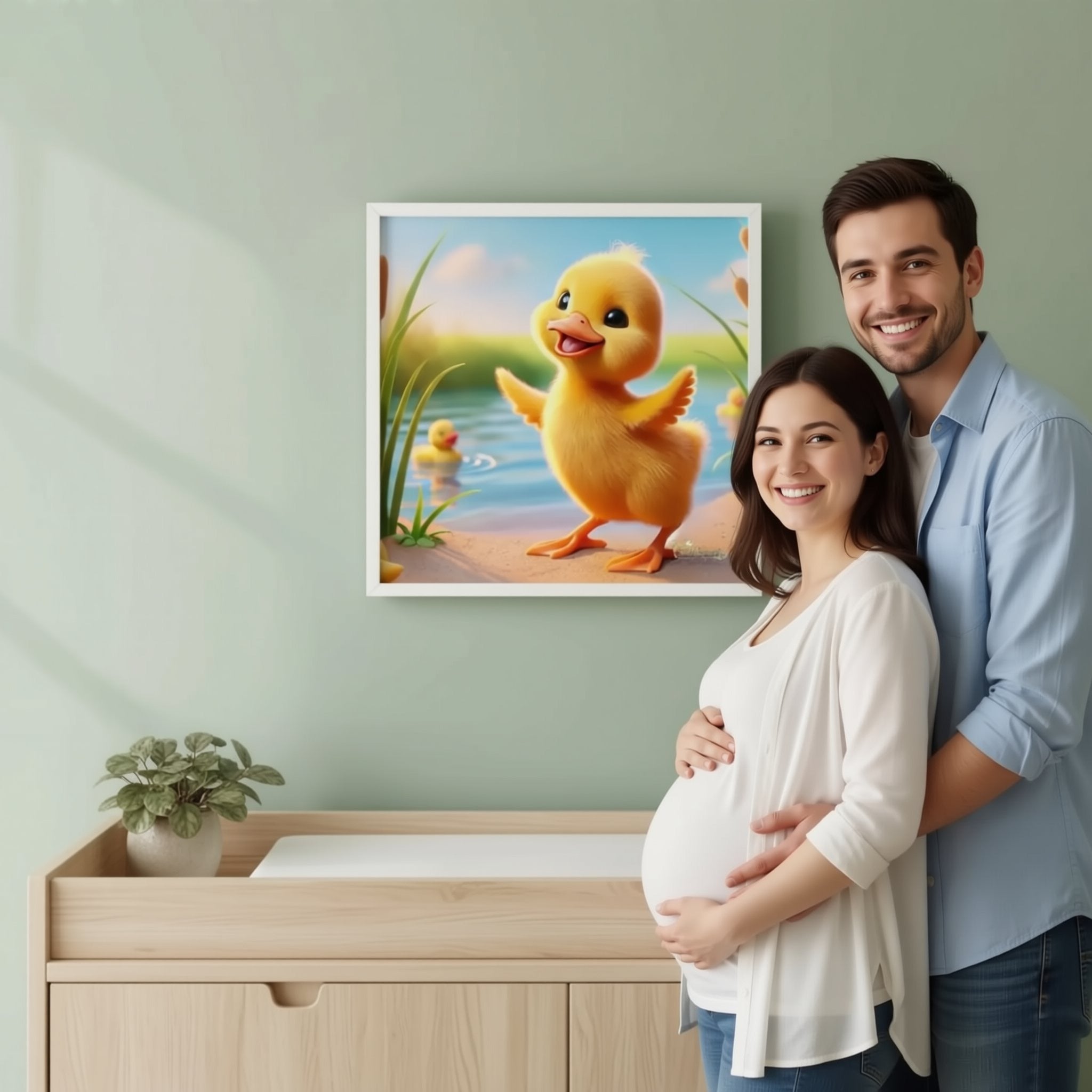 A person is holding up a framed picture of a cartoon duck on a wall, which depicts a duck standing on a pond with ducks swimming around it.