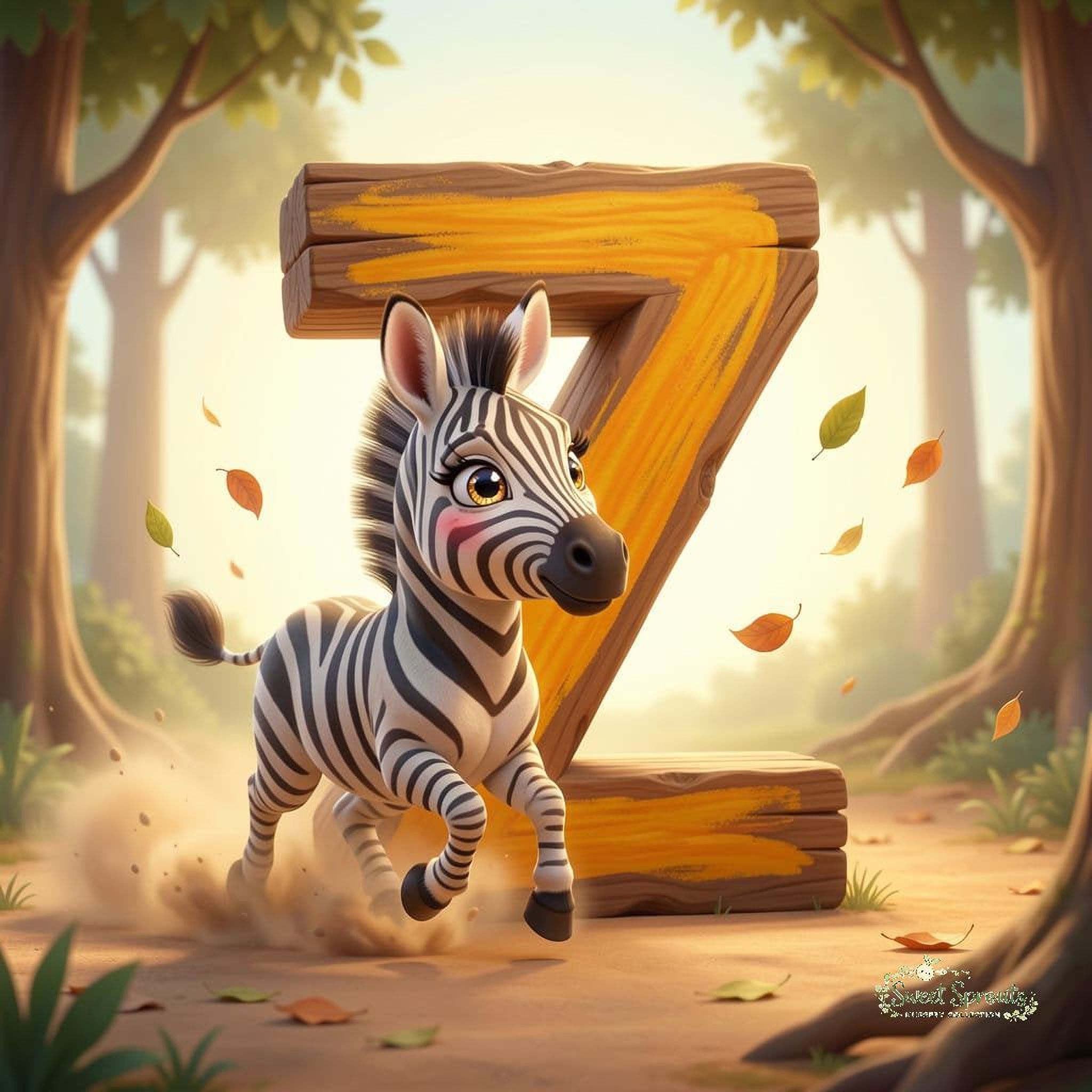 A cartoon zebra running through a forest, with a large wooden letter 'Z' in the background.