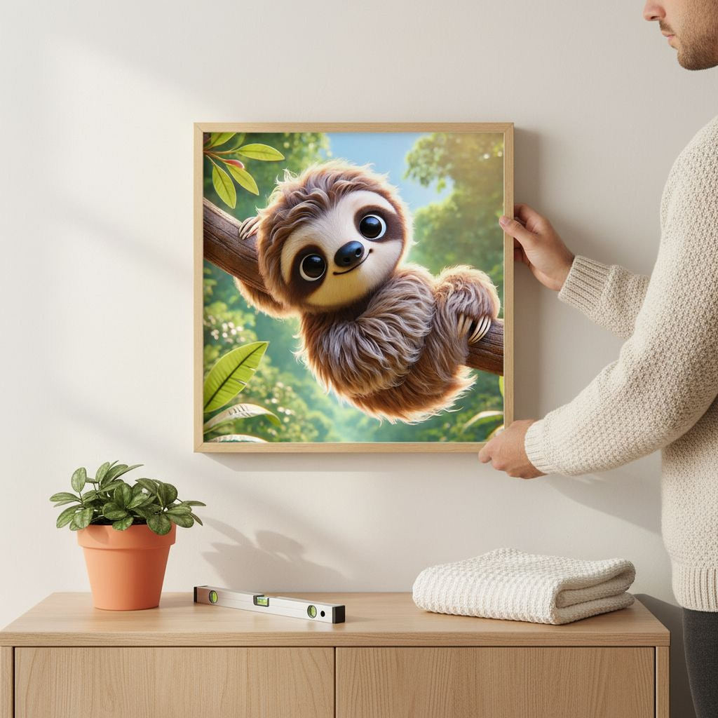 A person is hanging a framed picture of a sloth on a wall, which depicts a cute and playful sloth hanging from a tree branch.