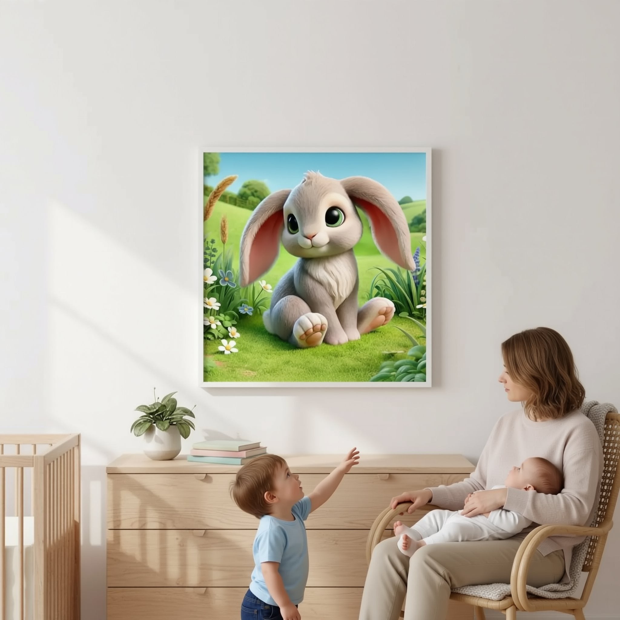 A woman is standing in a room, looking at a framed picture of a cartoon rabbit on the wall.