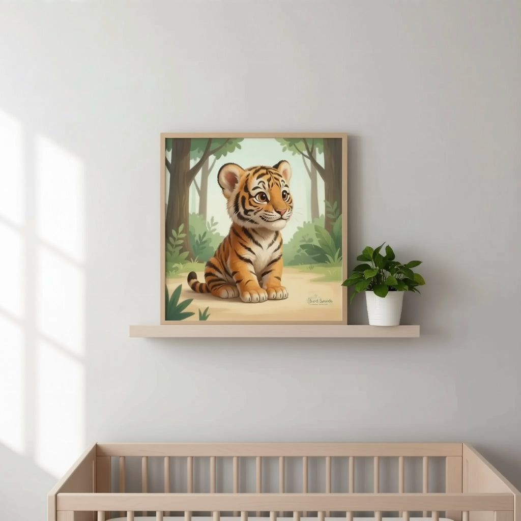 A man is hanging a framed painting of a tiger cub on a wall in a nursery.