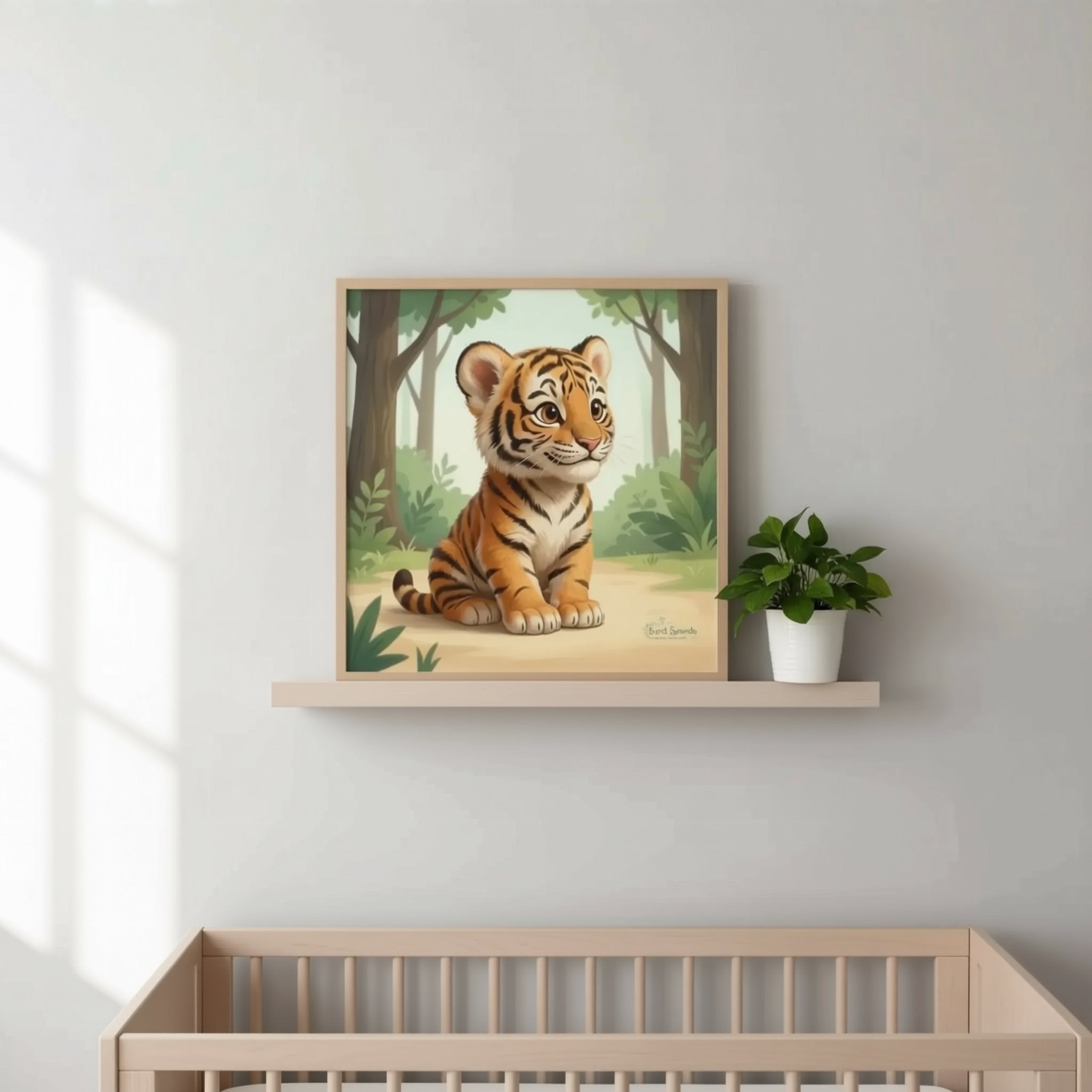 A man is hanging a framed painting of a tiger cub on a wall in a nursery.