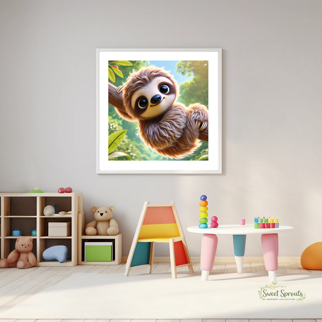 A framed image of a sloth hanging from a tree is displayed on a wall in a child's playroom, surrounded by toys and furniture.