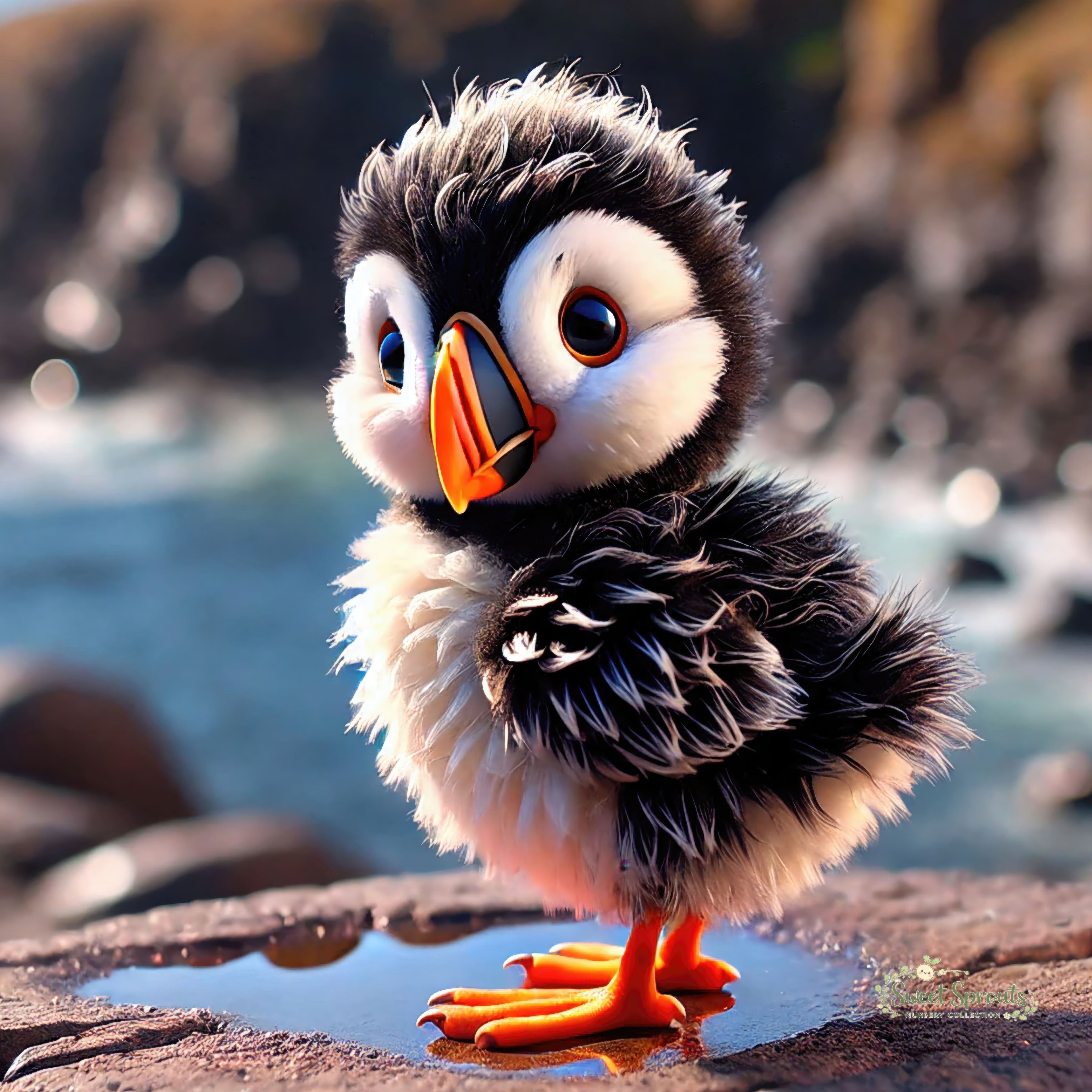 A close-up of a cute, fluffy puffin bird with a bright orange beak and feet, standing on a rock near a body of water.