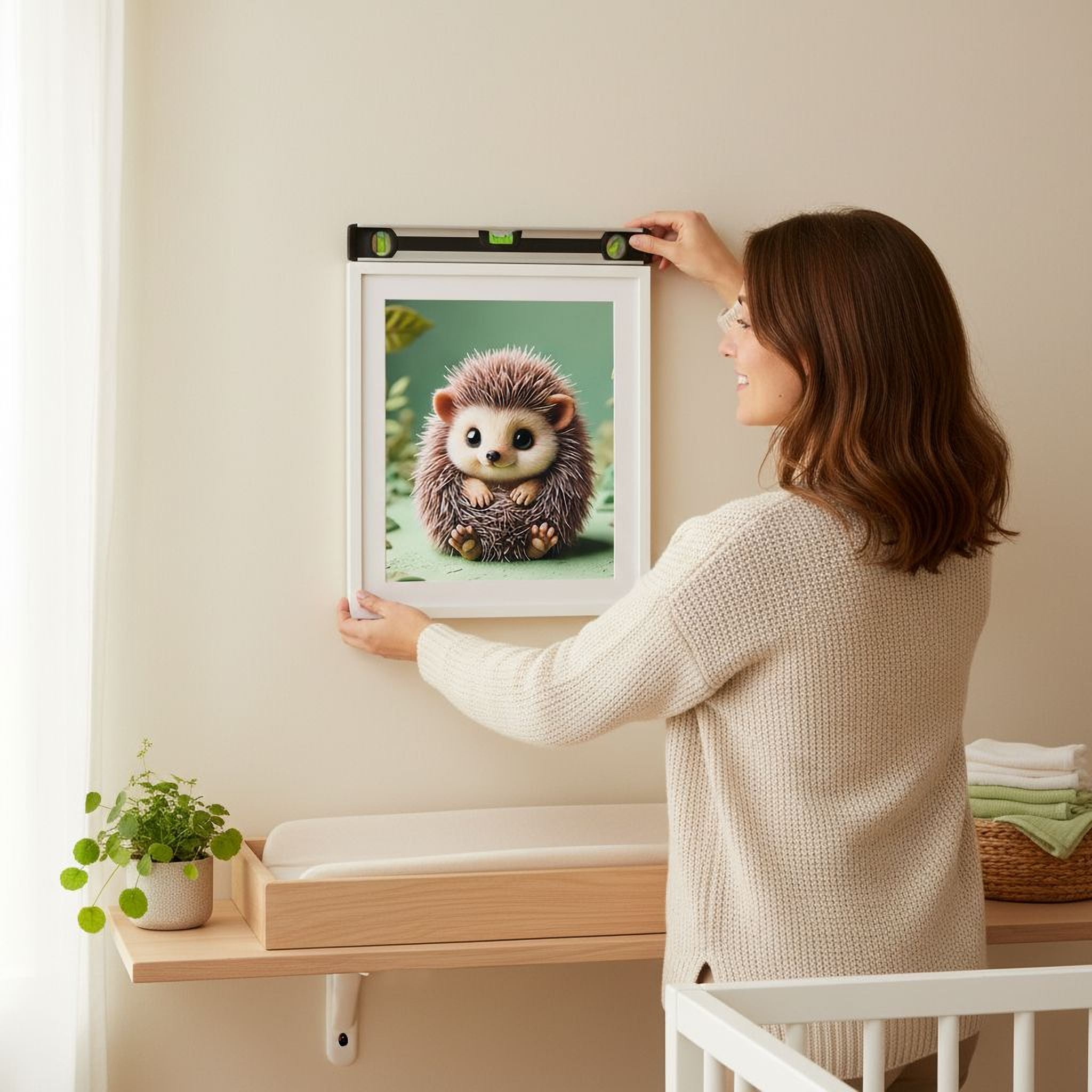 A woman is hanging a framed picture of a hedgehog on a wall in a room with a wooden shelf and a potted plant.