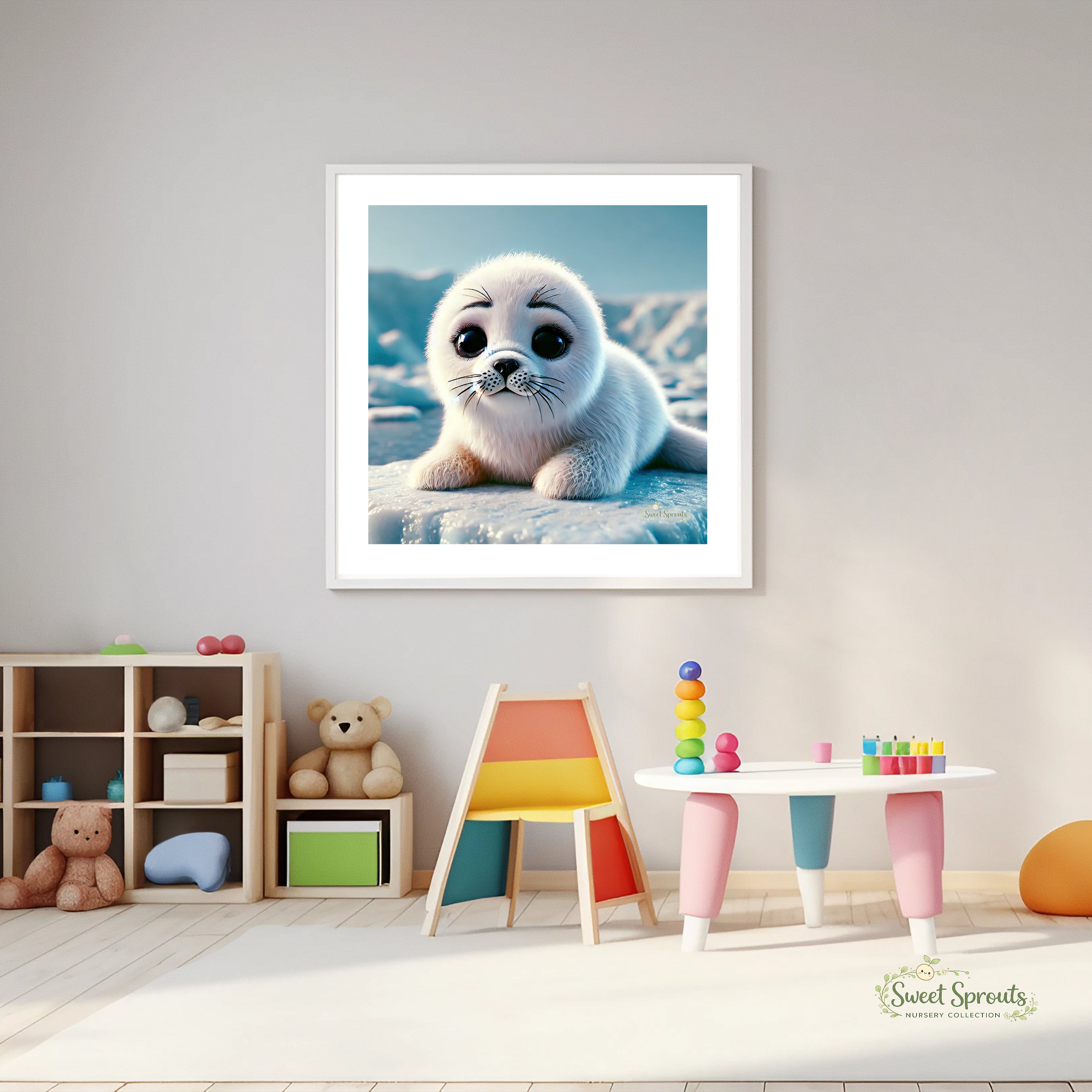 A framed image of a seal resting on a snowy surface hangs on a wall in a child's playroom, surrounded by colorful toys and furniture.
