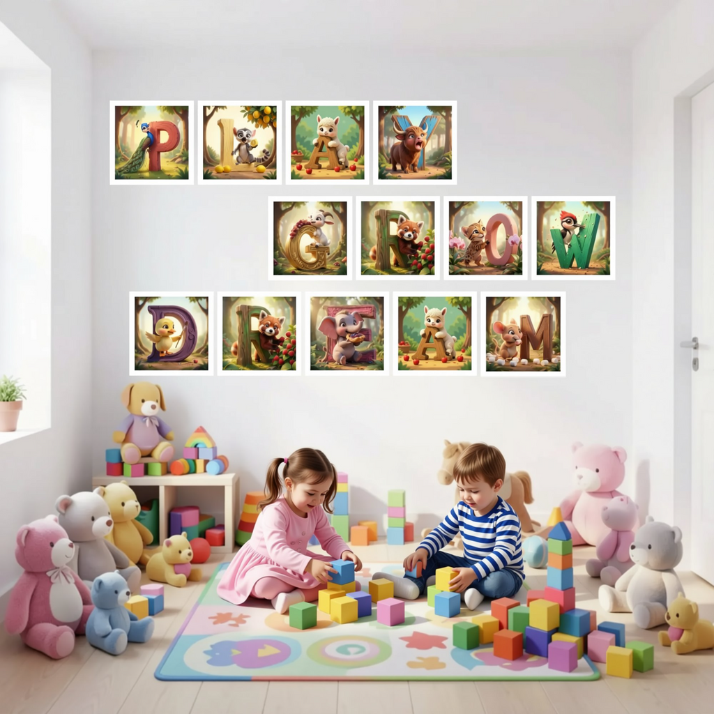 A colorful and playful children's room filled with toys, including stuffed animals, building blocks, and a rocking horse. The walls are decorated with various framed images depicting animals and characters, creating a vibrant and imaginative atmosphere.