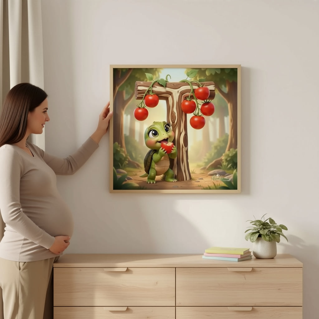 A person is hanging a framed artwork depicting a cartoon turtle holding a bunch of ripe red tomatoes on a tree branch.