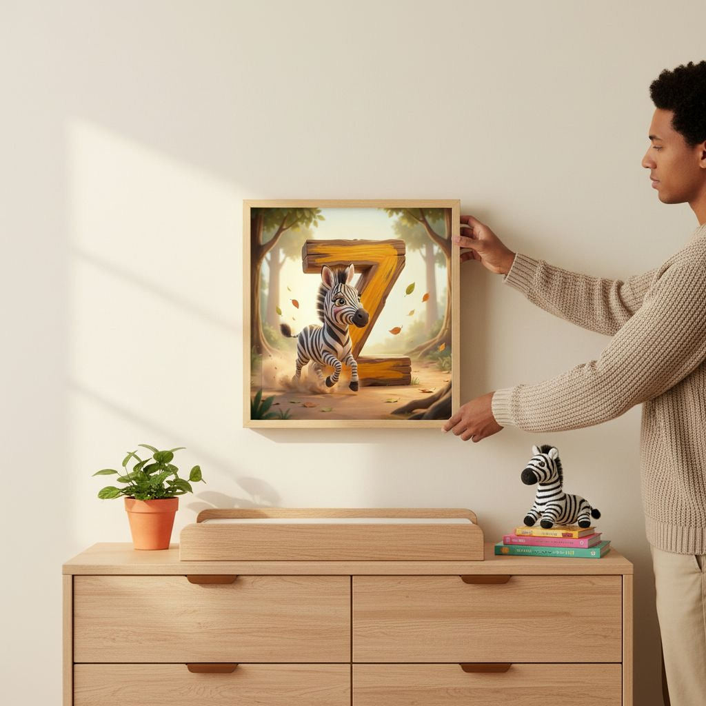 A person is hanging a framed artwork of a zebra on a wall, which is a wooden dresser with a plant and a stuffed zebra toy.
