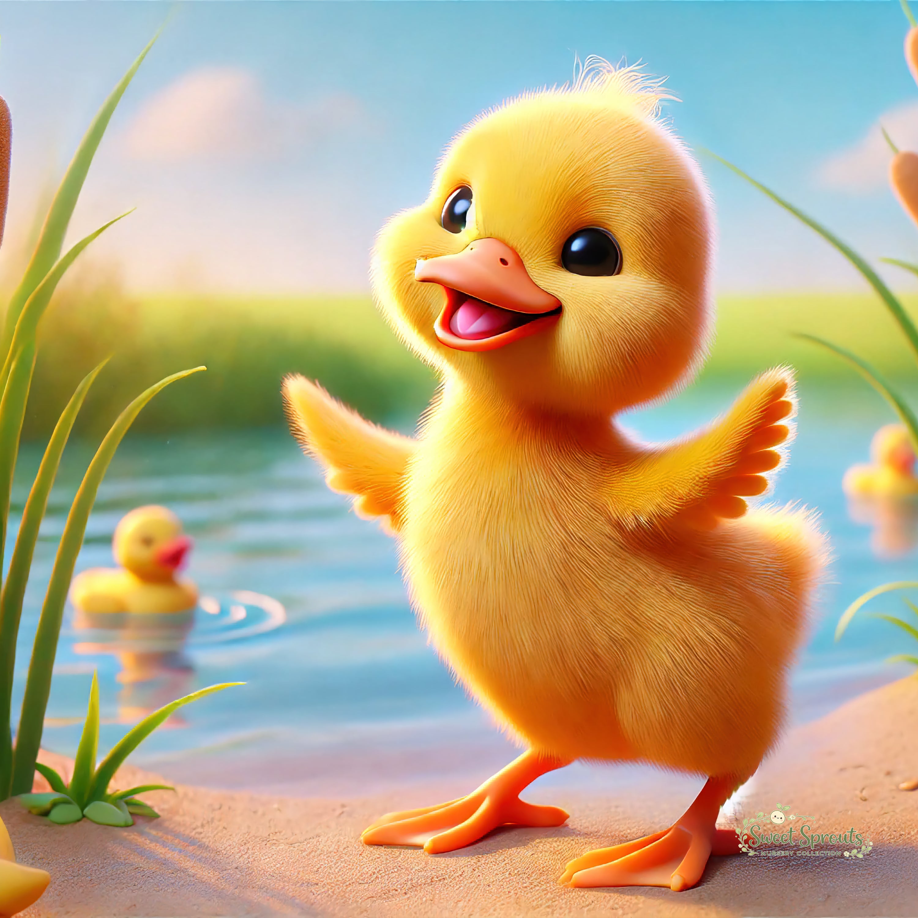 A cheerful yellow duckling stands on the shore of a pond, with a yellow rubber duck floating in the water behind it.
