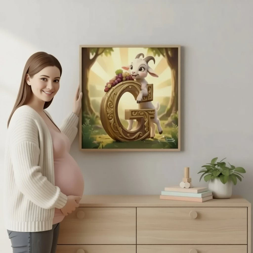 A pregnant woman stands in front of a wooden dresser, smiling and posing for the camera. The dresser has a framed illustration of a goat holding grapes on it.