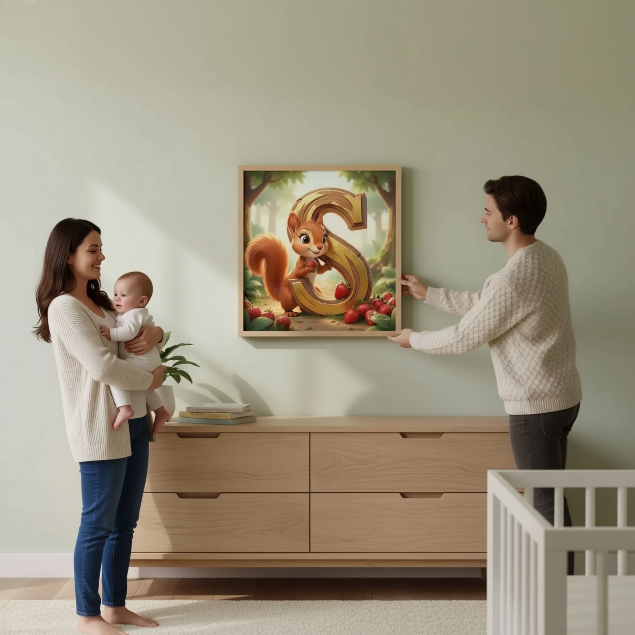 A man is hanging a framed artwork featuring a cartoon squirrel on a wall in a room with a wooden dresser and a crib.