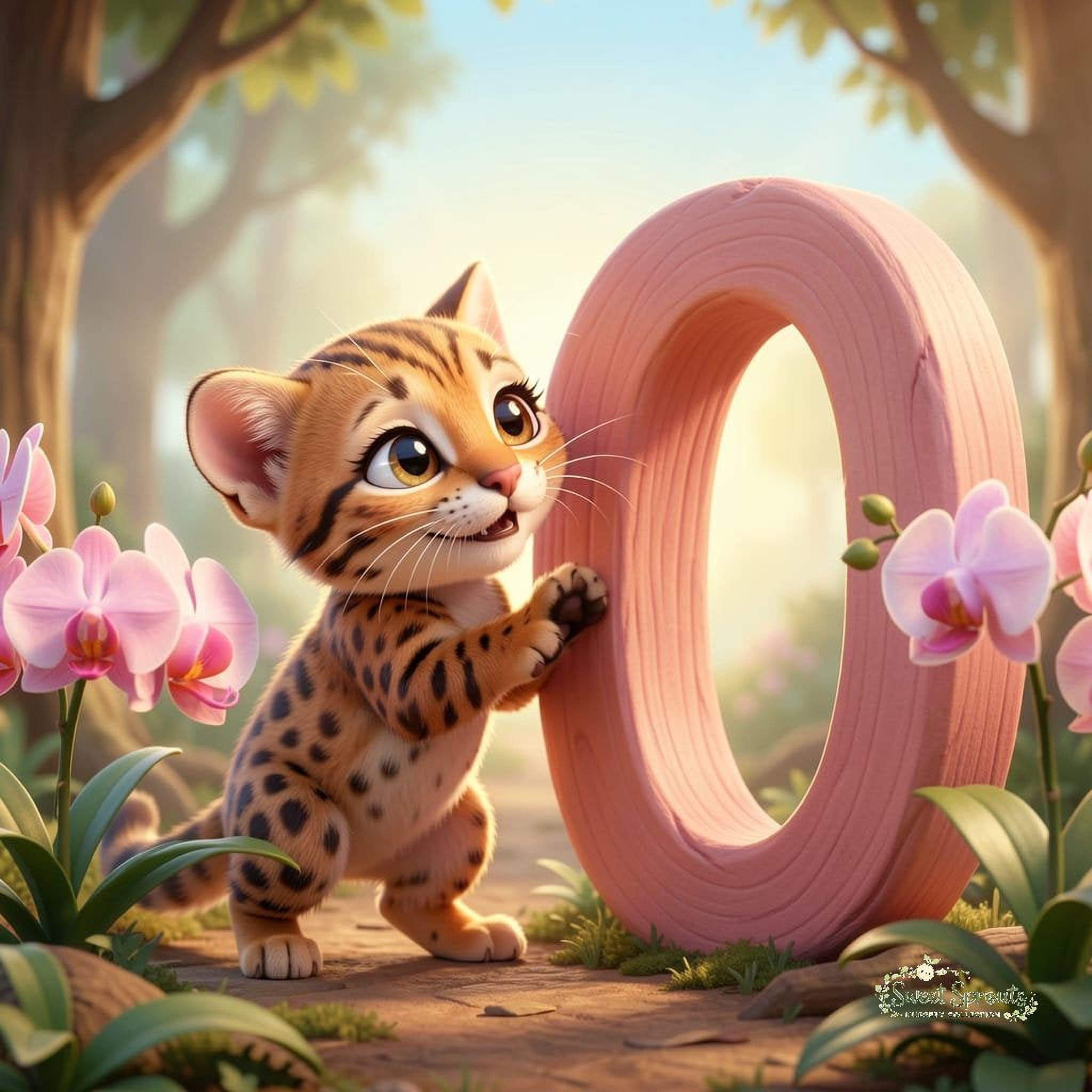 A cartoon image of a tiger cub standing next to a large pink number 0, surrounded by pink orchids and a forest setting.