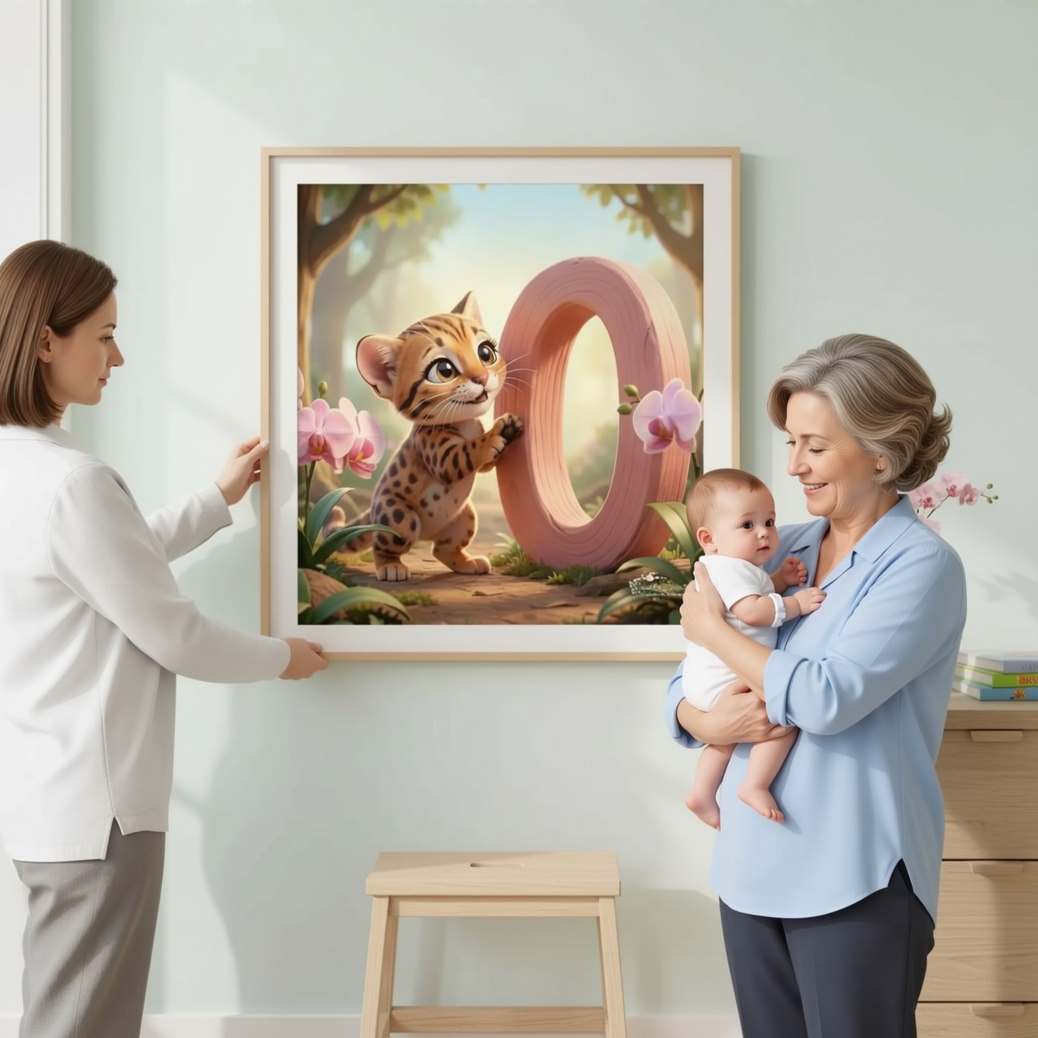 A woman is hanging a framed artwork depicting a cartoon cat in a forest setting, with a large pink number 10 in the background.