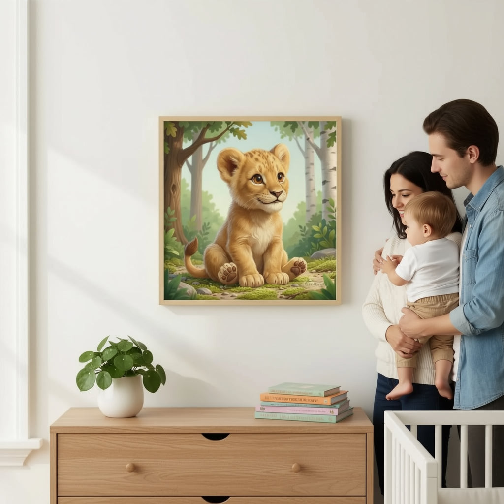 A man is hanging a framed painting of a young lion cub on a white wall in a room with a wooden dresser, a potted plant, and a stack of books.