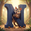 A cartoon raccoon peeking out from behind a large blue letter "N" in a forest setting, holding a nut in its paws.