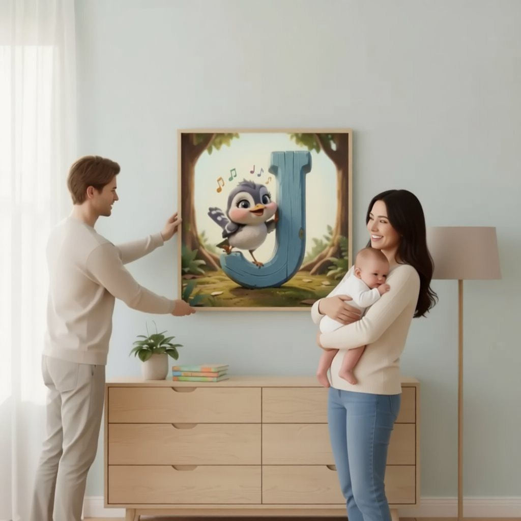 A man and a woman are standing in a room, with the woman holding a baby and the man pointing at a framed picture of a bird on the wall.