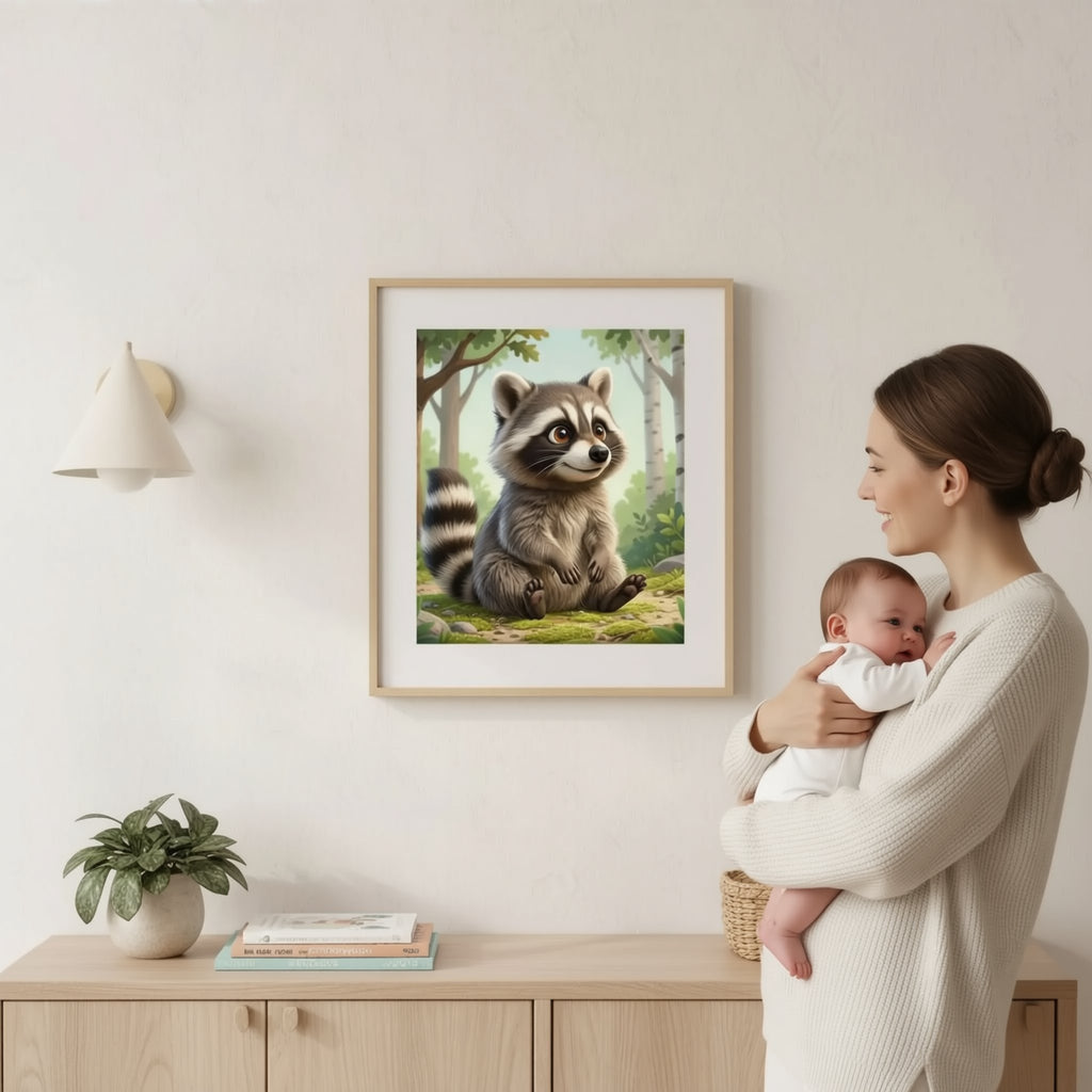 A woman is hanging a framed painting of a raccoon on a wall in a room with a wooden cabinet below it.
