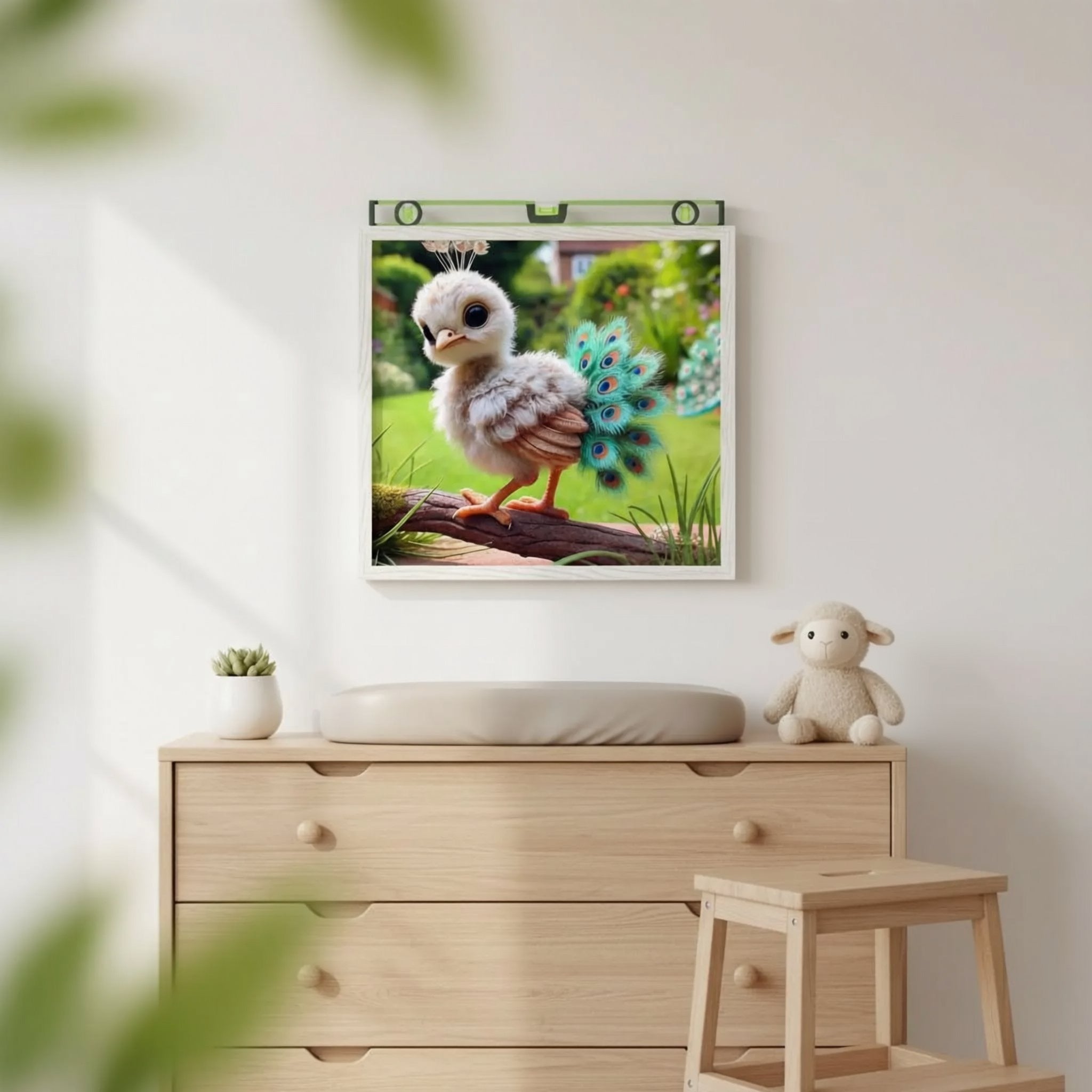 a wooden dresser with a framed picture of a baby bird, a stuffed lamb, and a small potted plant on it.