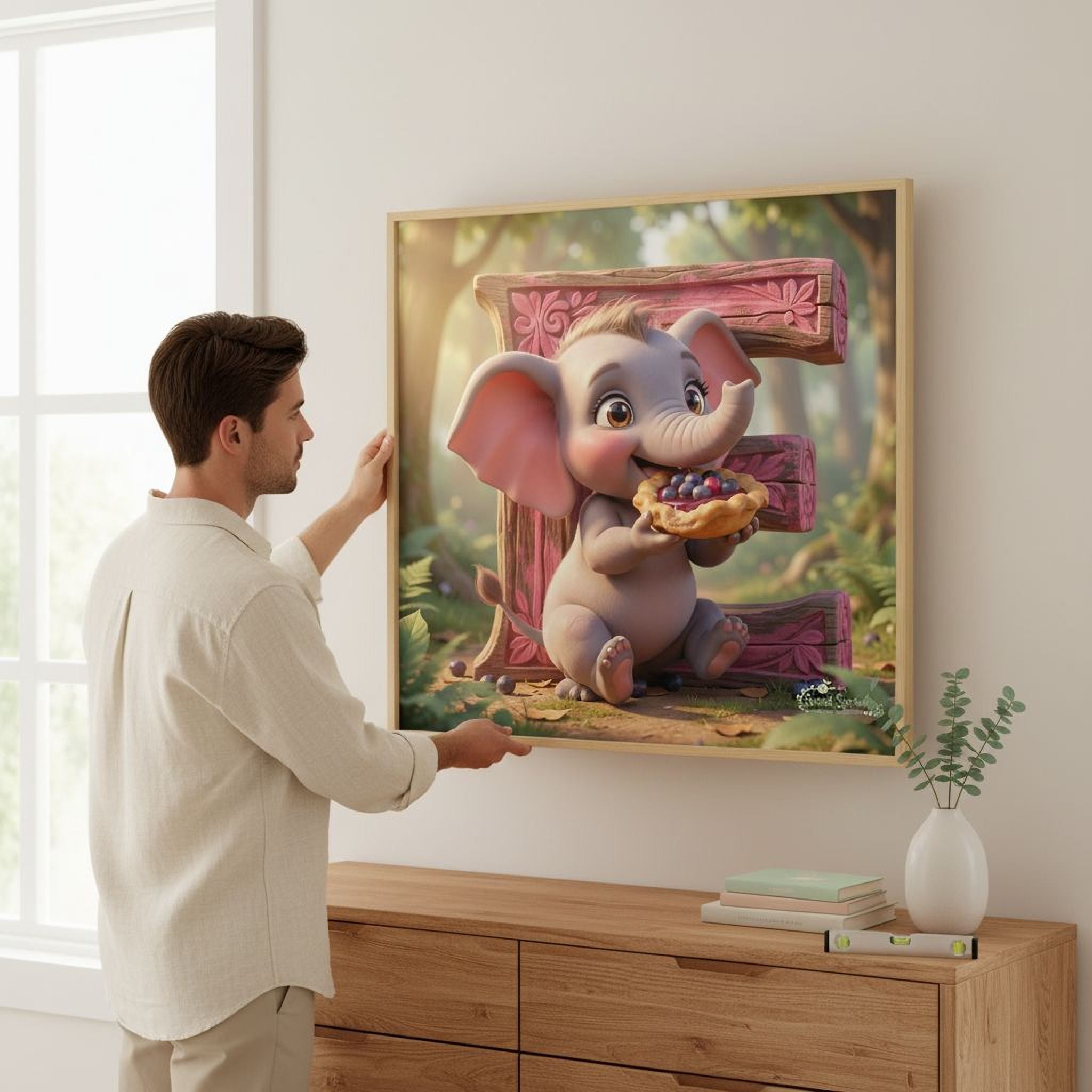 A man is hanging a framed artwork of a cartoon elephant on a wall.