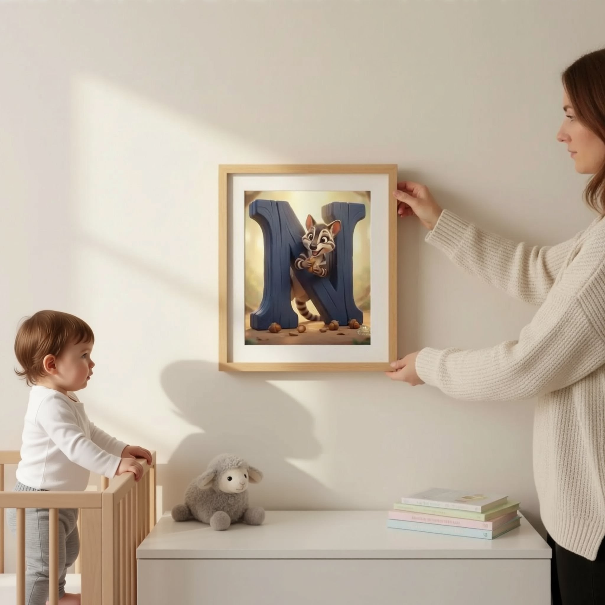 A woman is hanging a framed artwork on a wall, which features a cartoon character. The artwork is placed above a wooden shelf with a stuffed animal and some books.