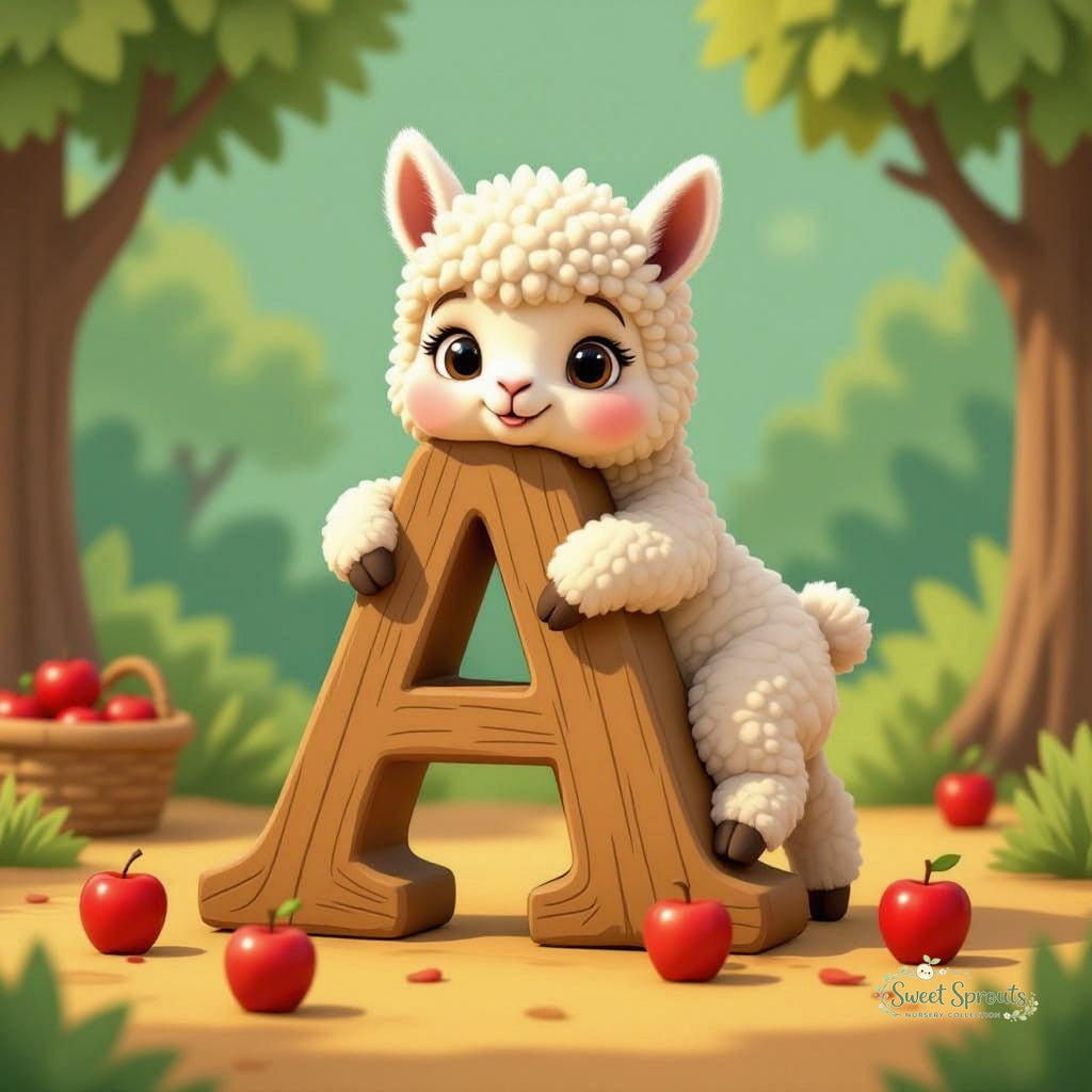 A cute, fluffy white lamb is sitting on a wooden letter 'A' and holding a basket of red apples, surrounded by more red apples on the ground.