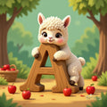 A cute, fluffy white lamb is sitting on a wooden letter 'A' and holding a basket of red apples, surrounded by more red apples on the ground.
