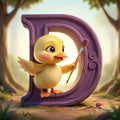 A cartoon duck holding a paintbrush and standing inside a large purple letter 'D' in a forest setting.