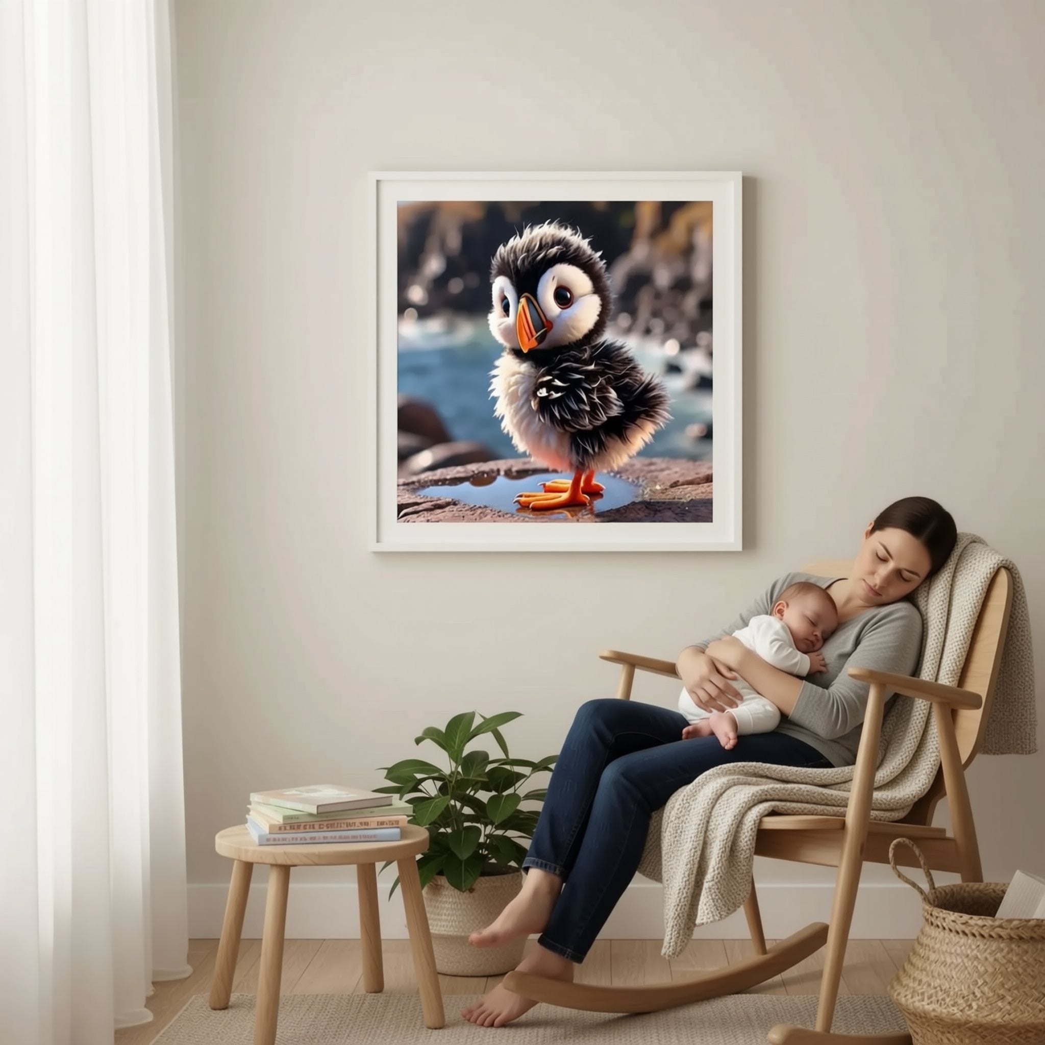 A woman is hanging a framed picture of a cute penguin on a wall in a cozy living room setting.