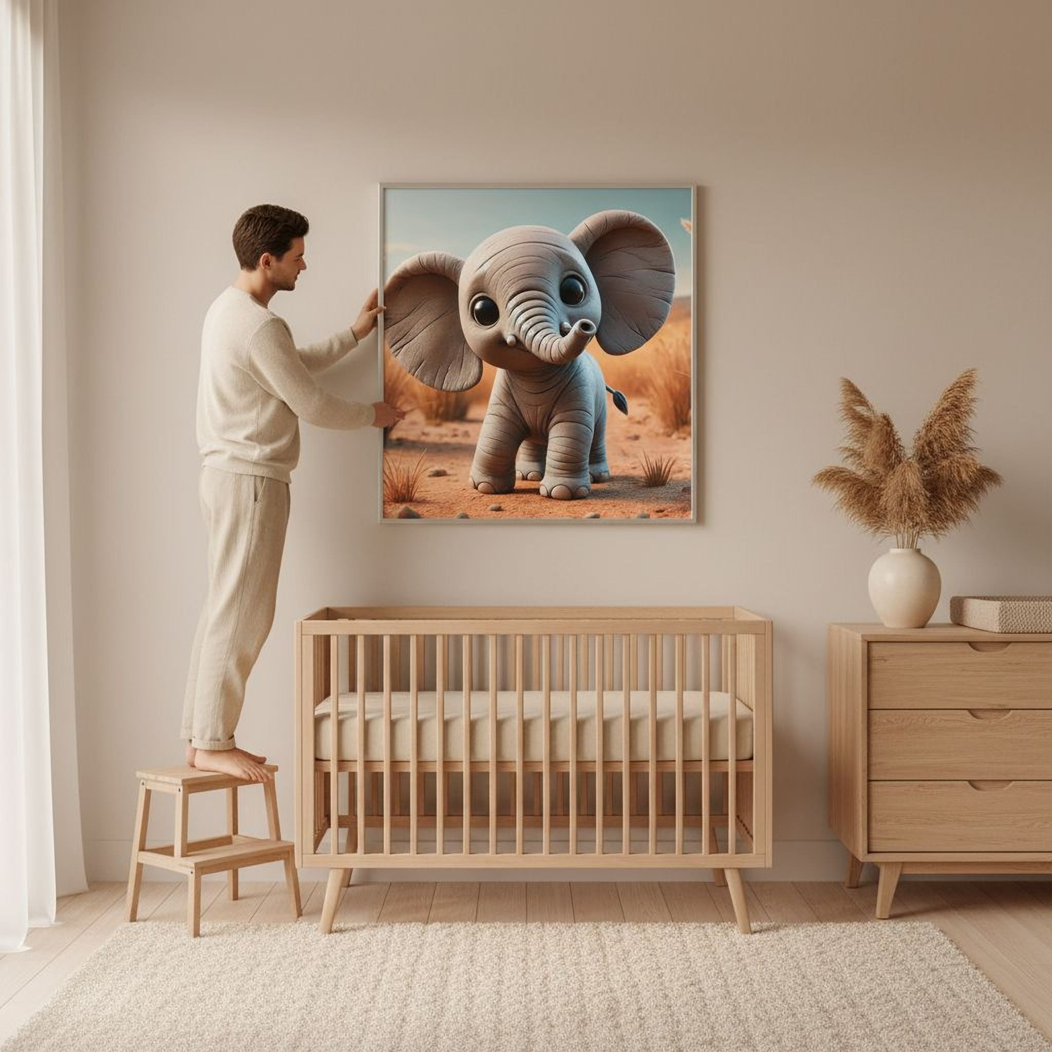 A man is standing on a step stool and hanging a framed picture of an elephant on a wall in a nursery room.