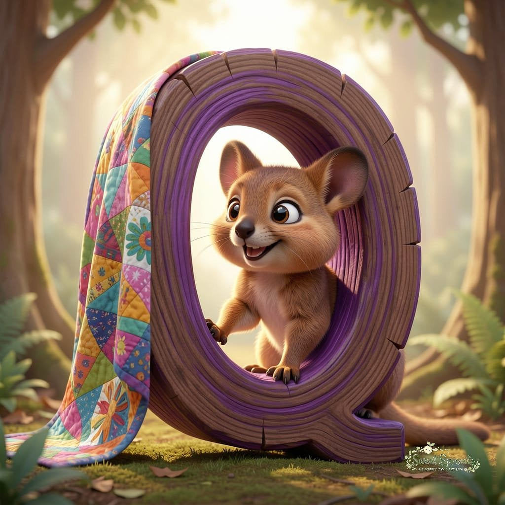 A cartoon-like creature with large eyes and a wide smile is peeking out from a large, colorful wheel-shaped hole in a forest setting.
