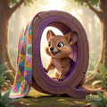 A cartoon-like creature with large eyes and a wide smile is peeking out from a large, colorful wheel-shaped hole in a forest setting.