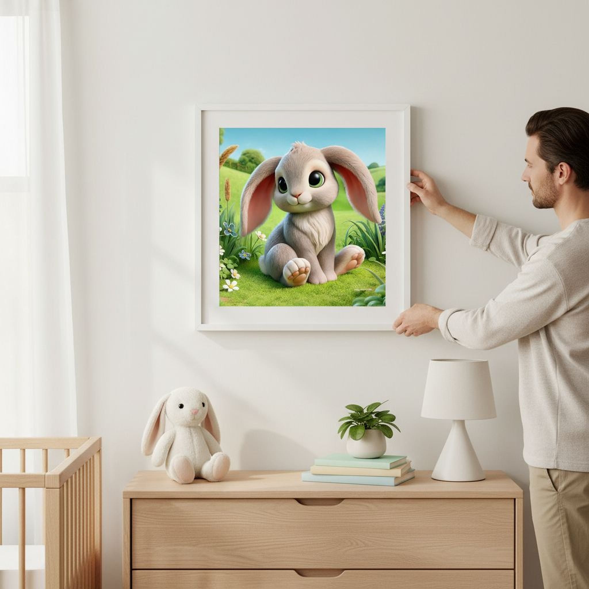 A man is hanging a framed picture of a cartoon rabbit on a wall in a room with a wooden dresser, a stuffed bunny, and a potted plant.